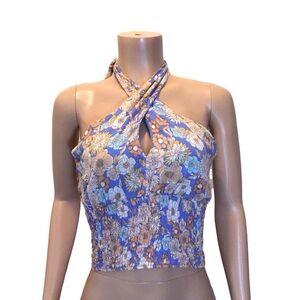 Sienna Sky Womens Floral Smocked Cropped Crossover Halter Top Size Medium